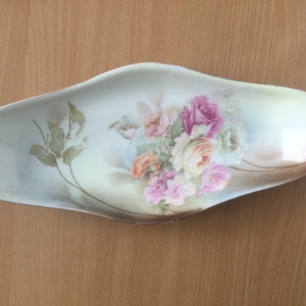 Old vintage long bowl plate serving dish floral gold rim beautiful